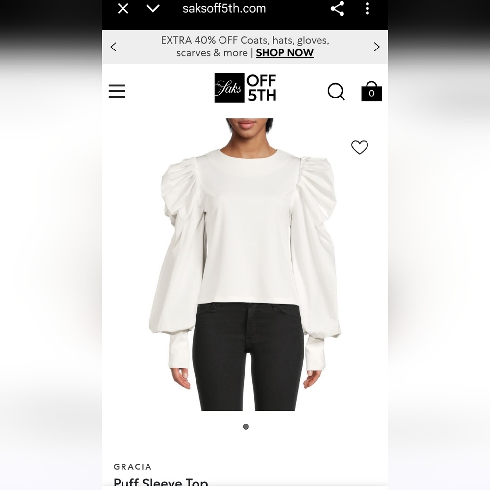 WOMEN'S GRACIA WHITE BALLOON SLEEVE TOP BLOUSE SHIRT SZ SMALL $82 Saks